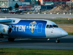 Plane on the runway at Bromma Airport
